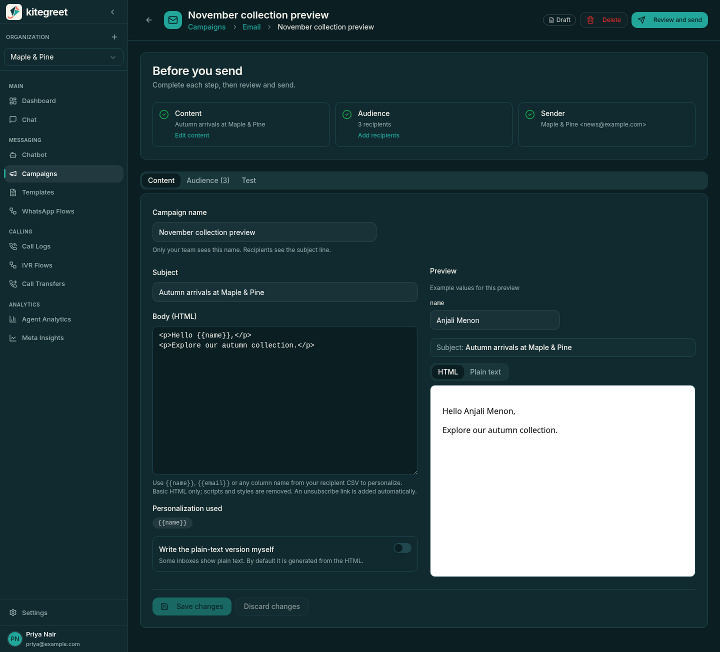 KiteGreet draft email campaign with the setup checklist, content editor and live preview