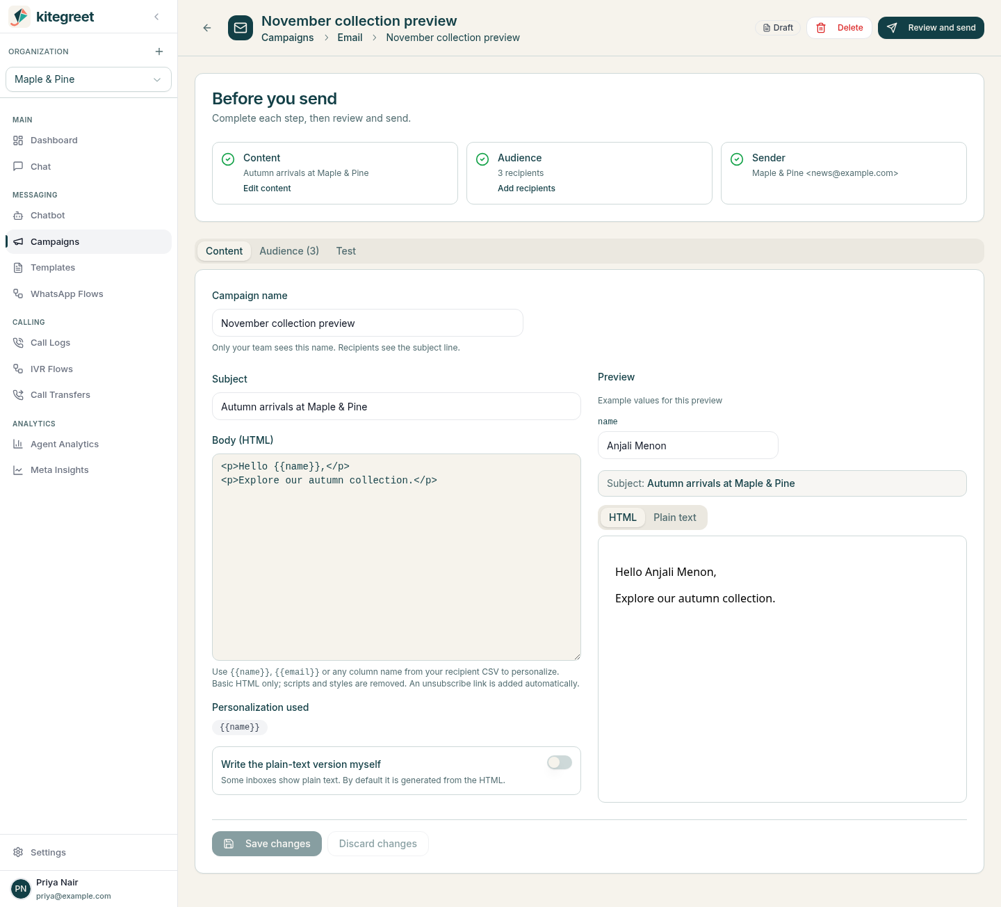 KiteGreet draft email campaign with the setup checklist, content editor and live preview