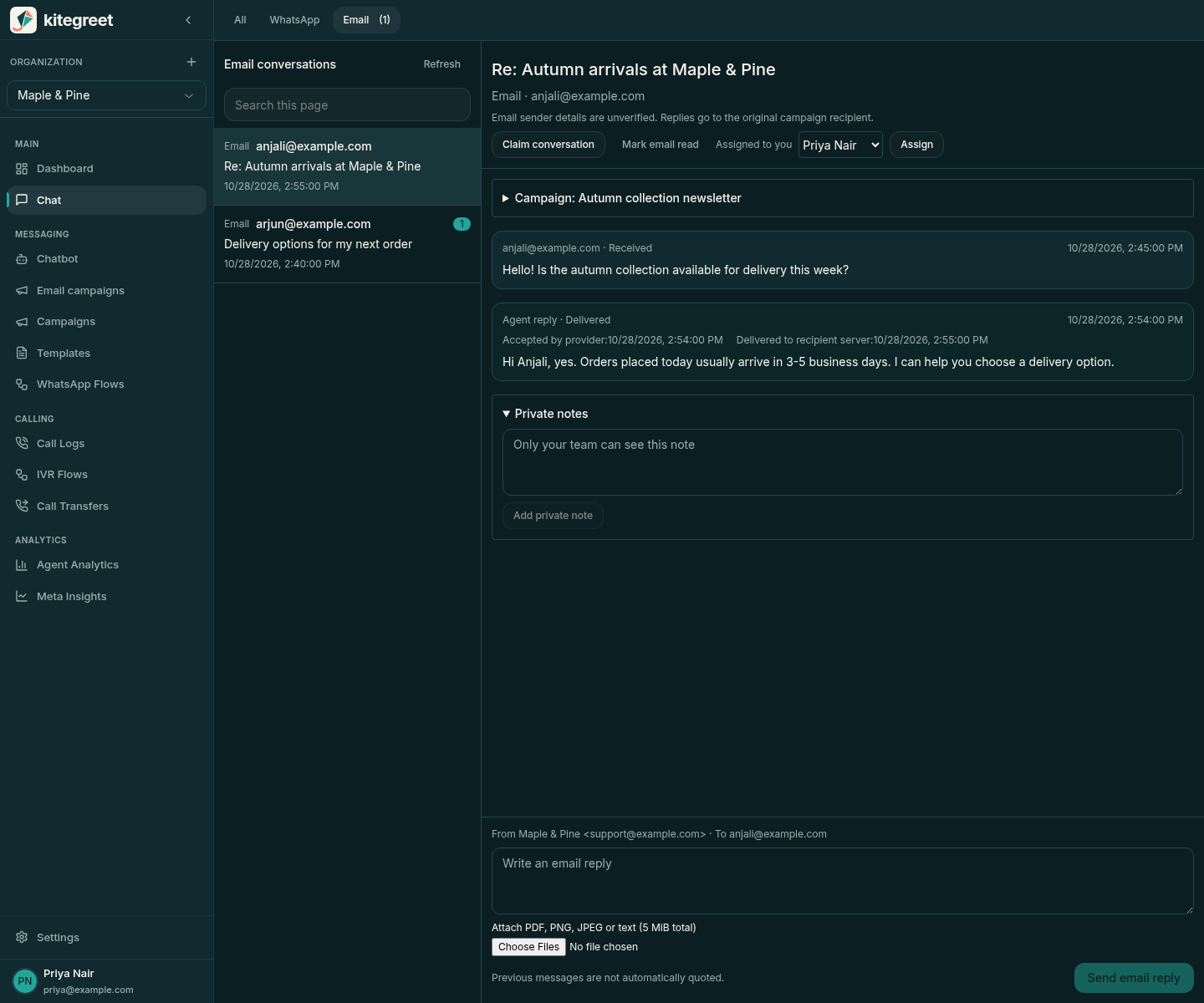 KiteGreet shared inbox with Email selected and a customer reply open