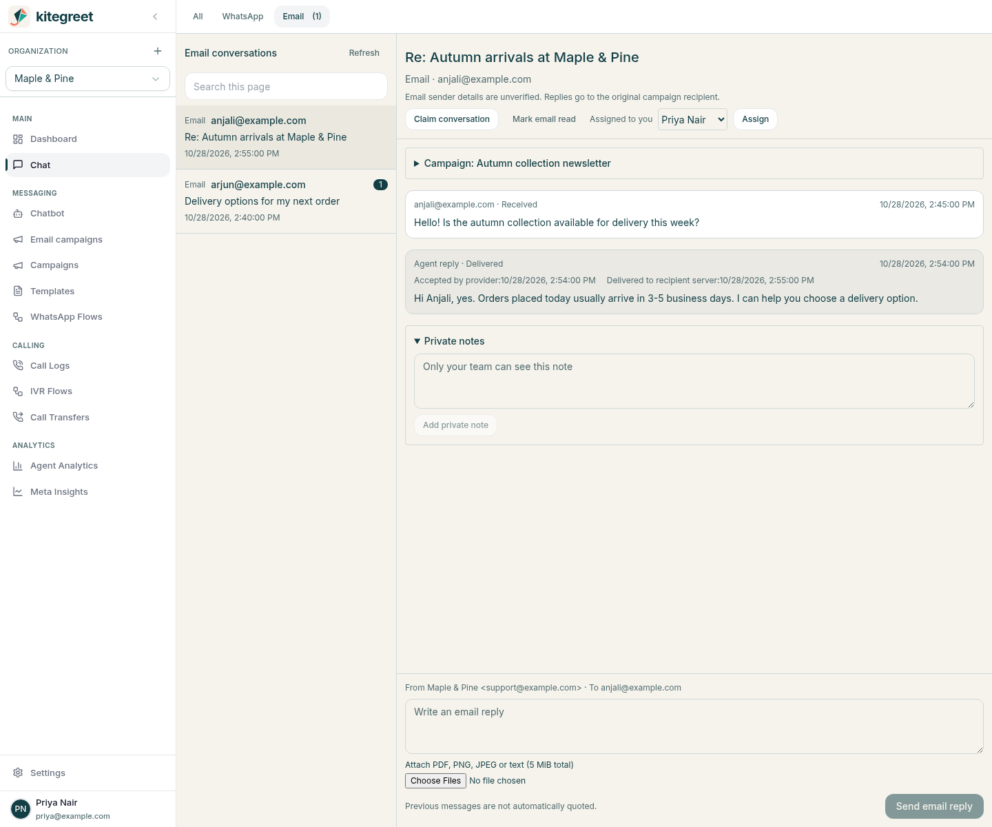 KiteGreet shared inbox with Email selected and a customer reply open
