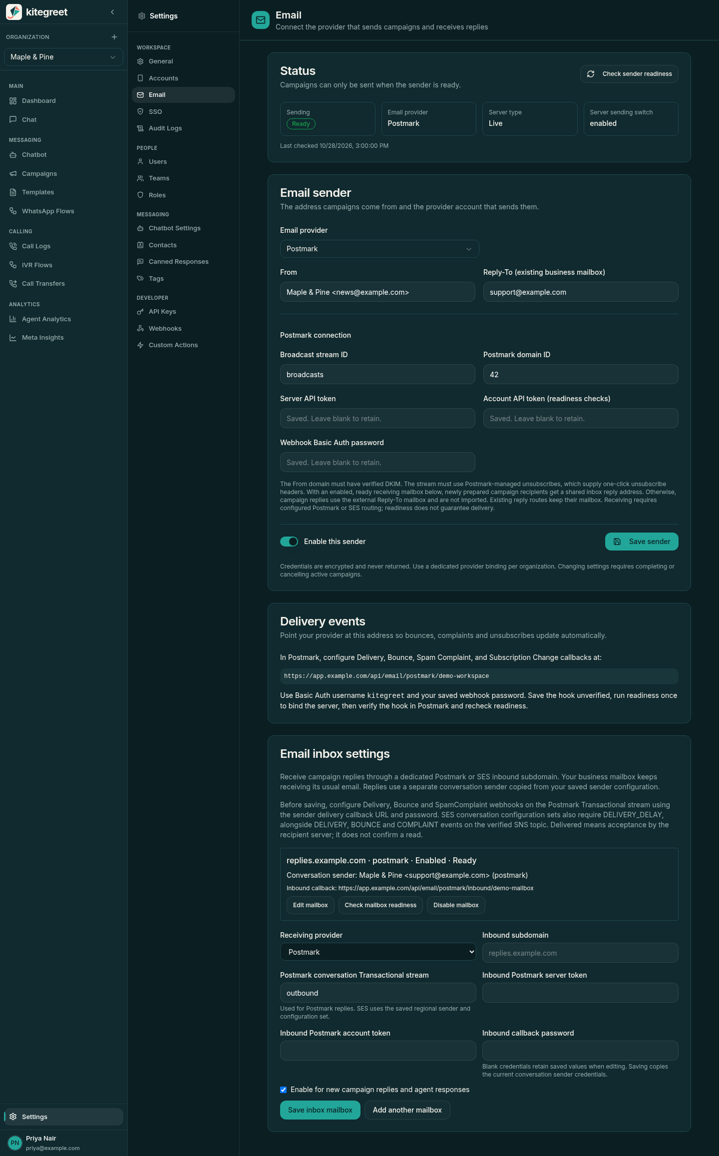 KiteGreet email sender configuration using demonstration settings
