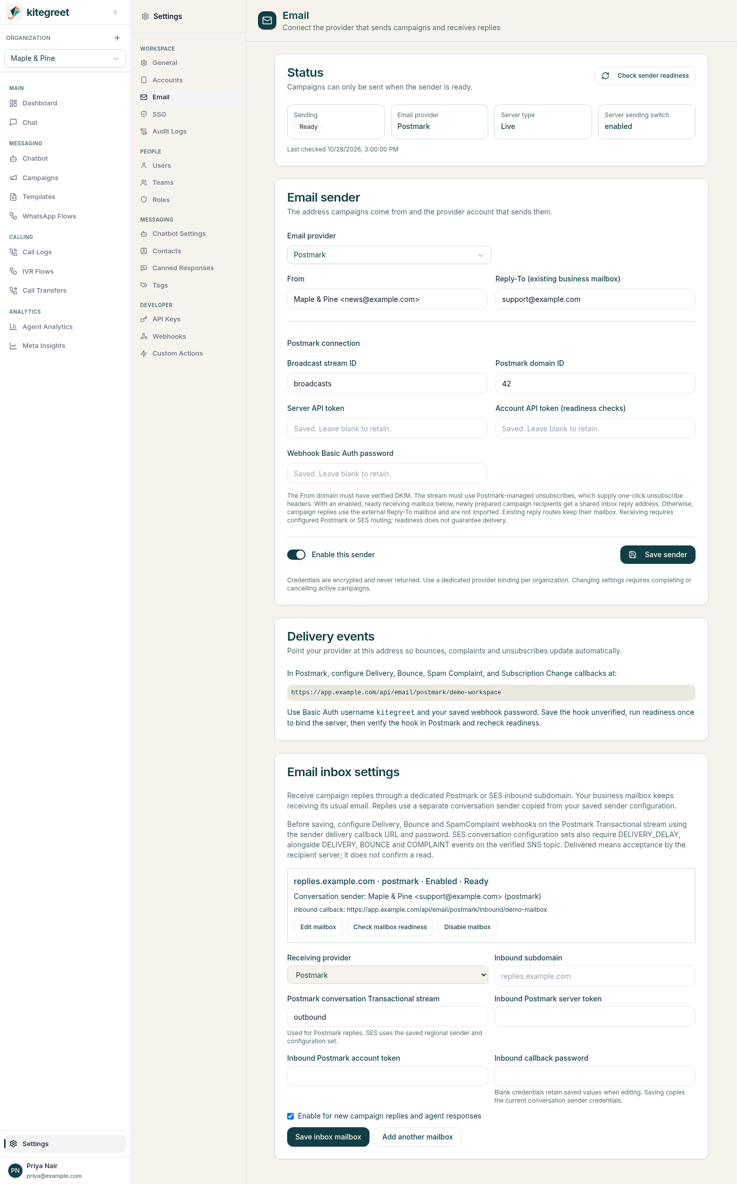 KiteGreet email sender configuration using demonstration settings
